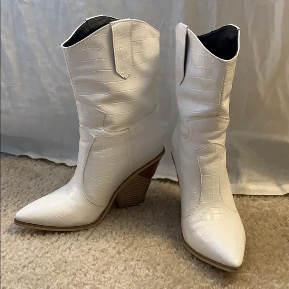 Shoes - Faux Leather White Croc Cowboy Boots